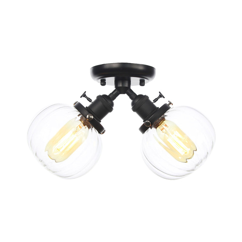 Amber/Clear Glass Ball Semi Flush Pendant Light Industrial Style 2 Heads Black/Bronze Ceiling Mounted Lamp for Restaurant Clearhalo 'Ceiling Lights' 'Close To Ceiling Lights' 'Close to ceiling' 'Glass shade' 'Glass' 'Semi-flushmount' Lighting' 256591