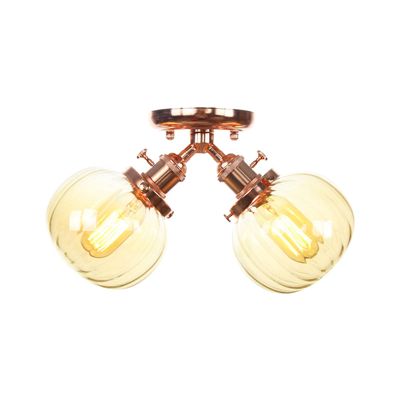 Amber/Clear Glass Ball Semi Flush Pendant Light Industrial Style 2 Heads Black/Bronze Ceiling Mounted Lamp for Restaurant Clearhalo 'Ceiling Lights' 'Close To Ceiling Lights' 'Close to ceiling' 'Glass shade' 'Glass' 'Semi-flushmount' Lighting' 256594