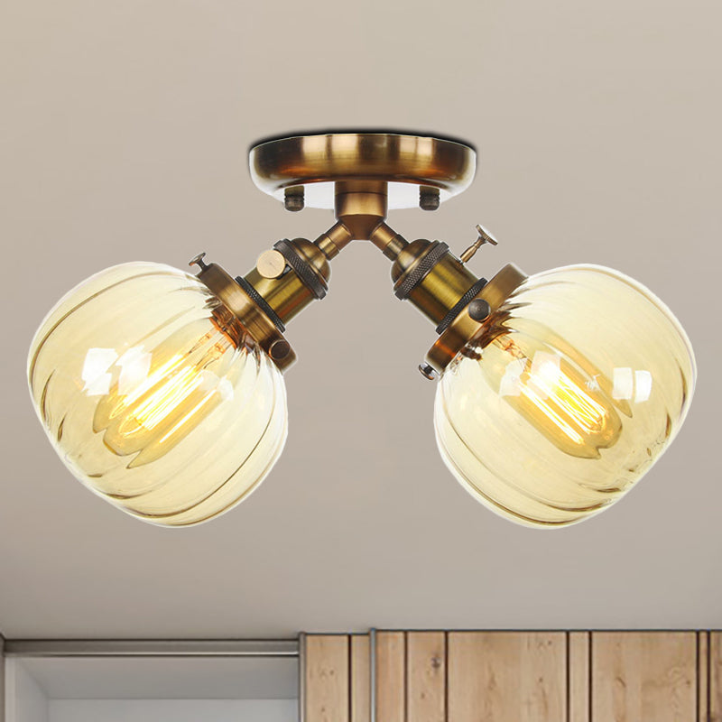 Amber/Clear Glass Ball Semi Flush Pendant Light Industrial Style 2 Heads Black/Bronze Ceiling Mounted Lamp for Restaurant Brass Amber Clearhalo 'Ceiling Lights' 'Close To Ceiling Lights' 'Close to ceiling' 'Glass shade' 'Glass' 'Semi-flushmount' Lighting' 256604