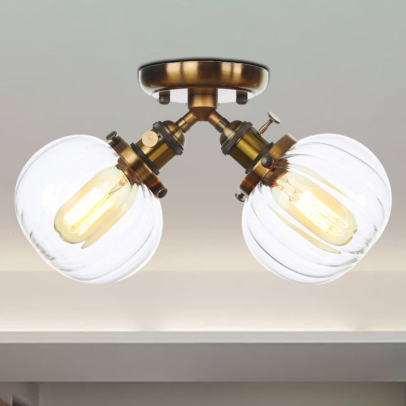 Amber/Clear Glass Ball Semi Flush Pendant Light Industrial Style 2 Heads Black/Bronze Ceiling Mounted Lamp for Restaurant Brass Clear Clearhalo 'Ceiling Lights' 'Close To Ceiling Lights' 'Close to ceiling' 'Glass shade' 'Glass' 'Semi-flushmount' Lighting' 256607