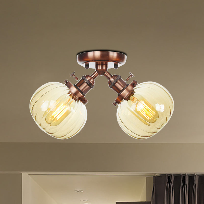 Amber/Clear Glass Ball Semi Flush Pendant Light Industrial Style 2 Heads Black/Bronze Ceiling Mounted Lamp for Restaurant Clearhalo 'Ceiling Lights' 'Close To Ceiling Lights' 'Close to ceiling' 'Glass shade' 'Glass' 'Semi-flushmount' Lighting' 256611