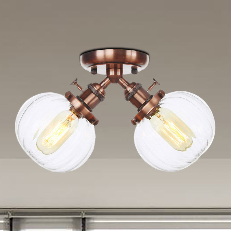Amber/Clear Glass Ball Semi Flush Pendant Light Industrial Style 2 Heads Black/Bronze Ceiling Mounted Lamp for Restaurant Copper Clear Clearhalo 'Ceiling Lights' 'Close To Ceiling Lights' 'Close to ceiling' 'Glass shade' 'Glass' 'Semi-flushmount' Lighting' 256613