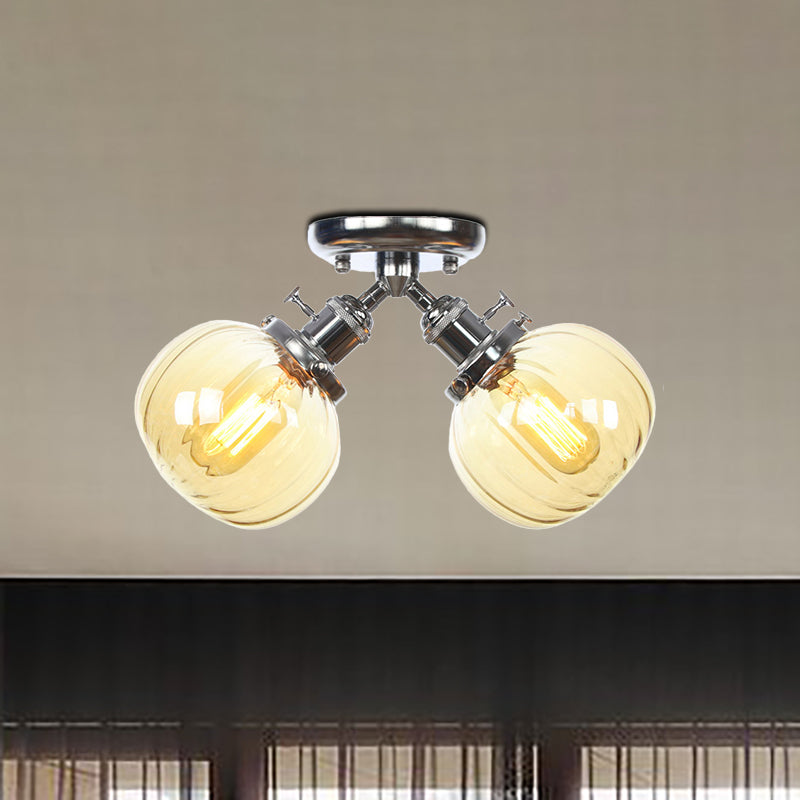 Amber/Clear Glass Ball Semi Flush Pendant Light Industrial Style 2 Heads Black/Bronze Ceiling Mounted Lamp for Restaurant Clearhalo 'Ceiling Lights' 'Close To Ceiling Lights' 'Close to ceiling' 'Glass shade' 'Glass' 'Semi-flushmount' Lighting' 256617