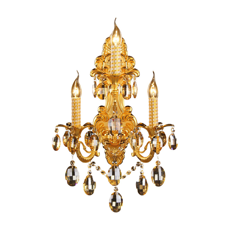 Traditional Candle Wall Light 3 Heads Metal Sconce Light Fixture in Gold with Crystal Drop Decoration Clearhalo 'Wall Lamps & Sconces' 'Wall Lights' Lighting' 256644