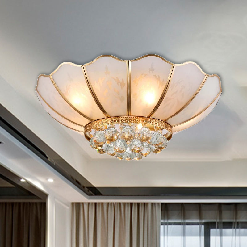 6 Lights Flared Flush Lamp Traditional Gold Beveled Glass Shade Ceiling Light with Crystal Accent Clearhalo 'Ceiling Lights' 'Close To Ceiling Lights' 'Close to ceiling' 'Flush mount' Lighting' 256655