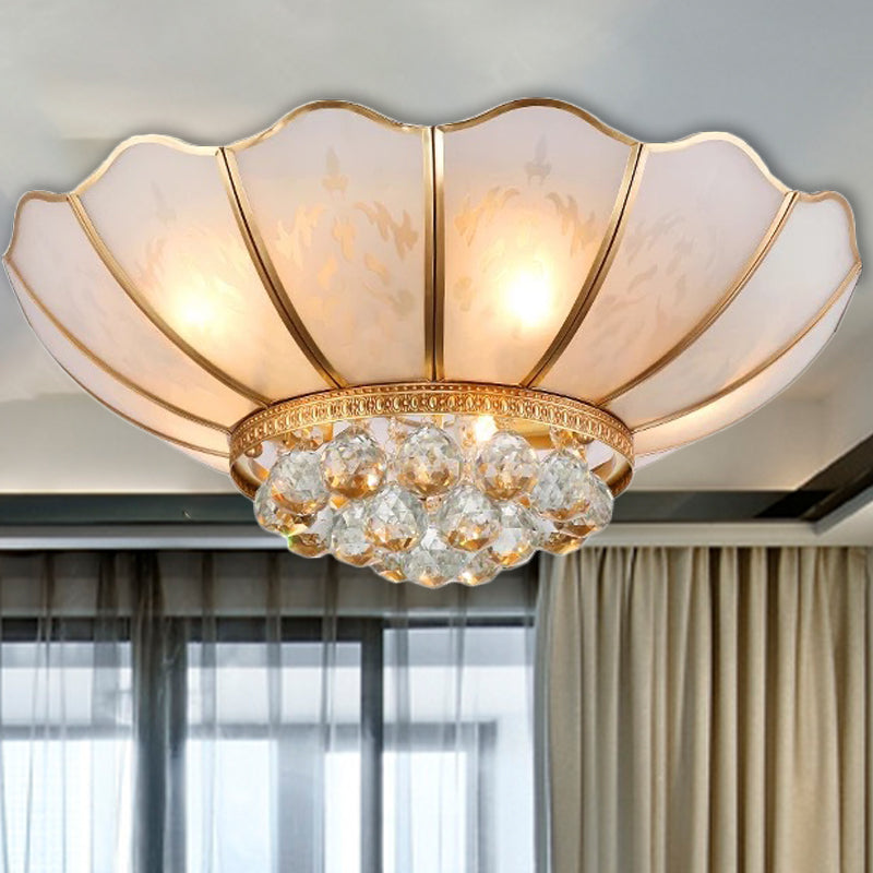 6 Lights Flared Flush Lamp Traditional Gold Beveled Glass Shade Ceiling Light with Crystal Accent Gold Clearhalo 'Ceiling Lights' 'Close To Ceiling Lights' 'Close to ceiling' 'Flush mount' Lighting' 256656