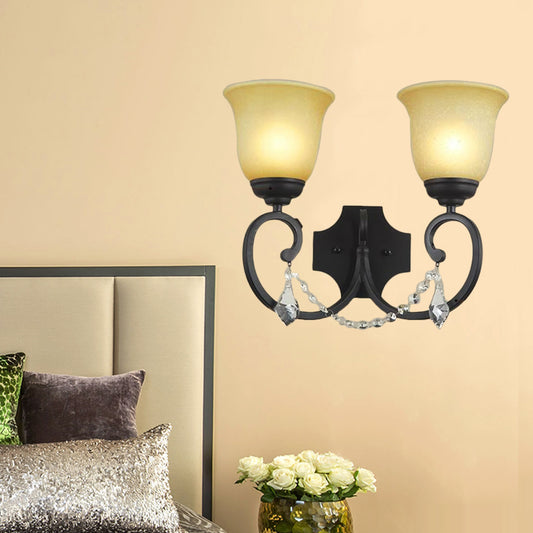 2 Lights Corridor Wall Mounted Lamp Vintage Black Sconce Light with Bell Amber Glass Shade Clearhalo 'Wall Lamps & Sconces' 'Wall Lights' Lighting' 256663