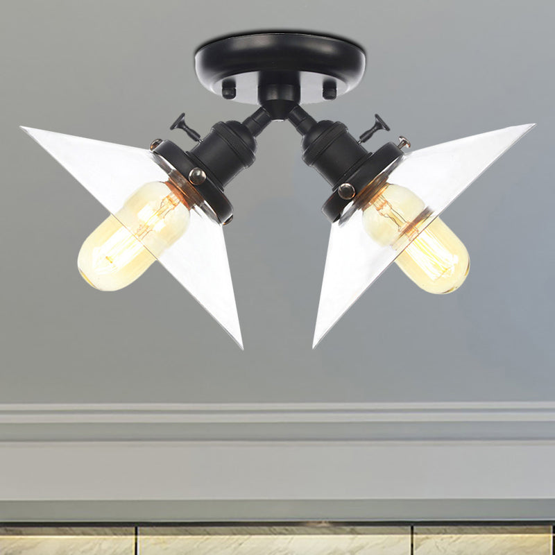Conical Restaurant Semi Flush Light Clear Glass 2 Lights Industrial Stylish Ceiling Flush Mount in Black/Bronze Clearhalo 'Ceiling Lights' 'Close To Ceiling Lights' 'Close to ceiling' 'Glass shade' 'Glass' 'Pendant Lights' 'Semi-flushmount' Lighting' 256670