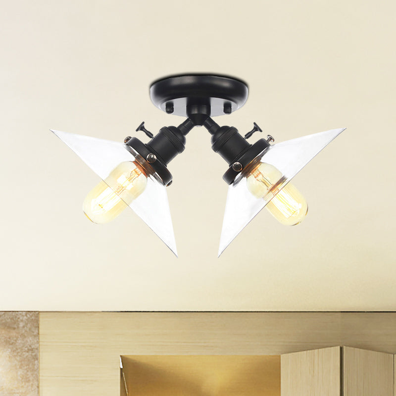Conical Restaurant Semi Flush Light Clear Glass 2 Lights Industrial Stylish Ceiling Flush Mount in Black/Bronze Black Clearhalo 'Ceiling Lights' 'Close To Ceiling Lights' 'Close to ceiling' 'Glass shade' 'Glass' 'Pendant Lights' 'Semi-flushmount' Lighting' 256671