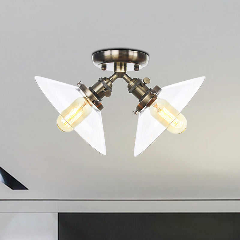Conical Restaurant Semi Flush Light Clear Glass 2 Lights Industrial Stylish Ceiling Flush Mount in Black/Bronze Clearhalo 'Ceiling Lights' 'Close To Ceiling Lights' 'Close to ceiling' 'Glass shade' 'Glass' 'Pendant Lights' 'Semi-flushmount' Lighting' 256674