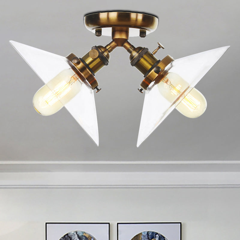 Conical Restaurant Semi Flush Light Clear Glass 2 Lights Industrial Stylish Ceiling Flush Mount in Black/Bronze Brass Clearhalo 'Ceiling Lights' 'Close To Ceiling Lights' 'Close to ceiling' 'Glass shade' 'Glass' 'Pendant Lights' 'Semi-flushmount' Lighting' 256676