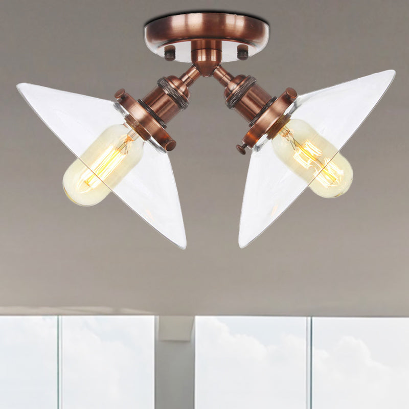 Conical Restaurant Semi Flush Light Clear Glass 2 Lights Industrial Stylish Ceiling Flush Mount in Black/Bronze Copper Clearhalo 'Ceiling Lights' 'Close To Ceiling Lights' 'Close to ceiling' 'Glass shade' 'Glass' 'Pendant Lights' 'Semi-flushmount' Lighting' 256679