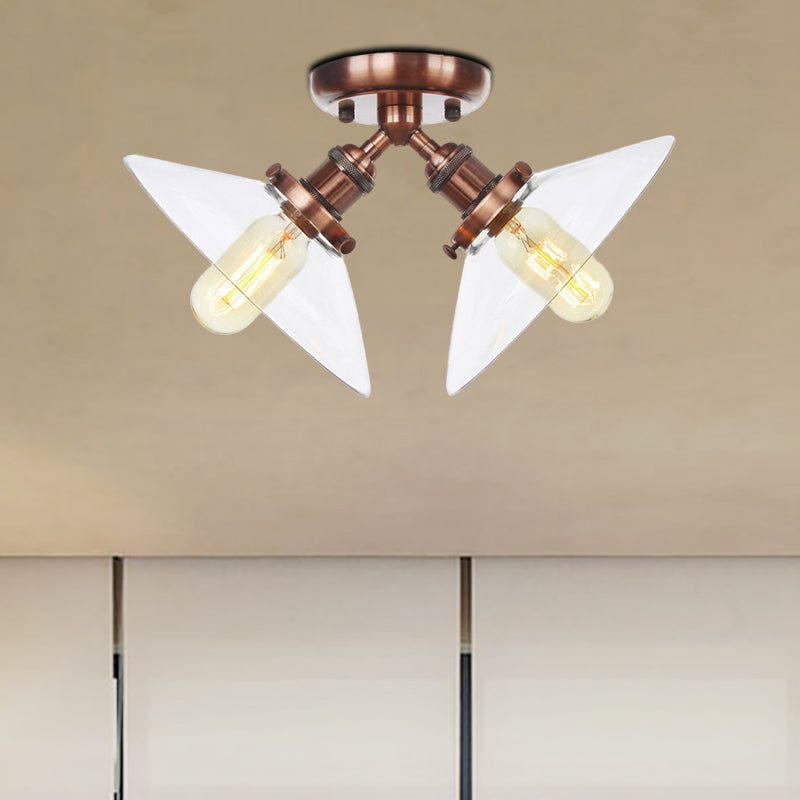 Conical Restaurant Semi Flush Light Clear Glass 2 Lights Industrial Stylish Ceiling Flush Mount in Black/Bronze Clearhalo 'Ceiling Lights' 'Close To Ceiling Lights' 'Close to ceiling' 'Glass shade' 'Glass' 'Pendant Lights' 'Semi-flushmount' Lighting' 256680
