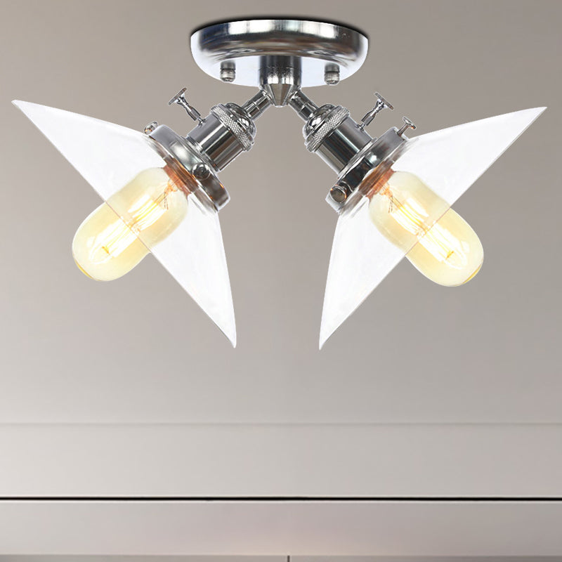 Conical Restaurant Semi Flush Light Clear Glass 2 Lights Industrial Stylish Ceiling Flush Mount in Black/Bronze Chrome Clearhalo 'Ceiling Lights' 'Close To Ceiling Lights' 'Close to ceiling' 'Glass shade' 'Glass' 'Pendant Lights' 'Semi-flushmount' Lighting' 256682