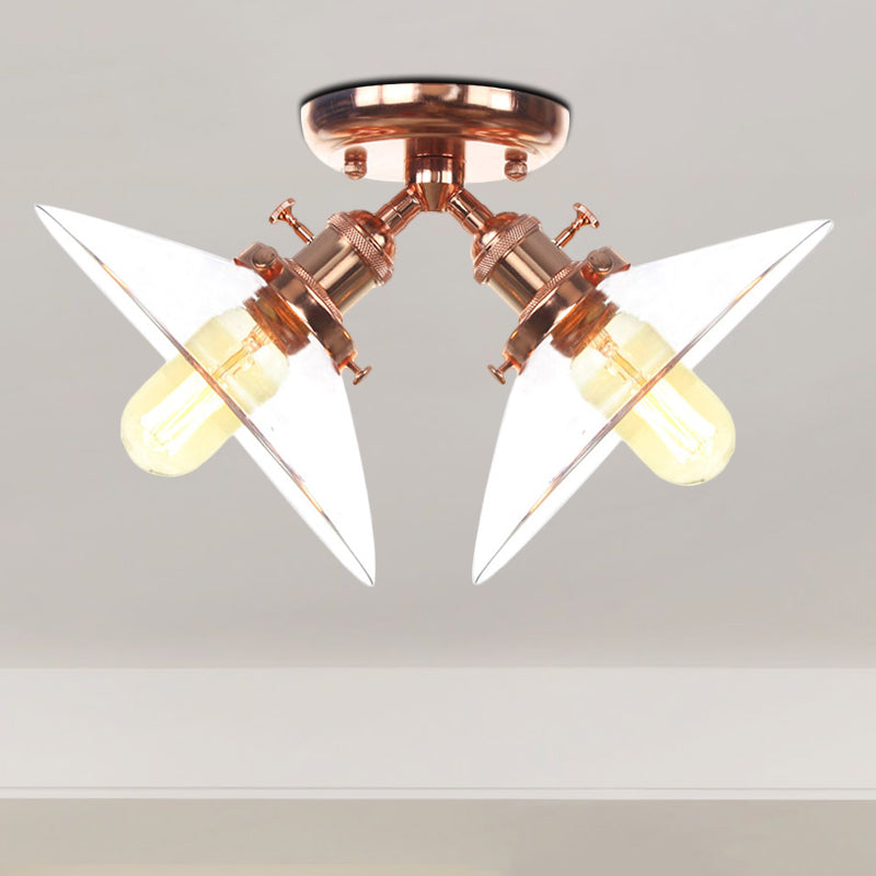 Conical Restaurant Semi Flush Light Clear Glass 2 Lights Industrial Stylish Ceiling Flush Mount in Black/Bronze Rose Gold Clearhalo 'Ceiling Lights' 'Close To Ceiling Lights' 'Close to ceiling' 'Glass shade' 'Glass' 'Pendant Lights' 'Semi-flushmount' Lighting' 256685