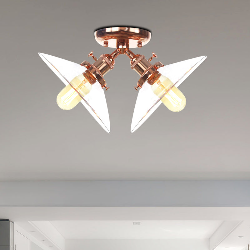Conical Restaurant Semi Flush Light Clear Glass 2 Lights Industrial Stylish Ceiling Flush Mount in Black/Bronze Clearhalo 'Ceiling Lights' 'Close To Ceiling Lights' 'Close to ceiling' 'Glass shade' 'Glass' 'Pendant Lights' 'Semi-flushmount' Lighting' 256686