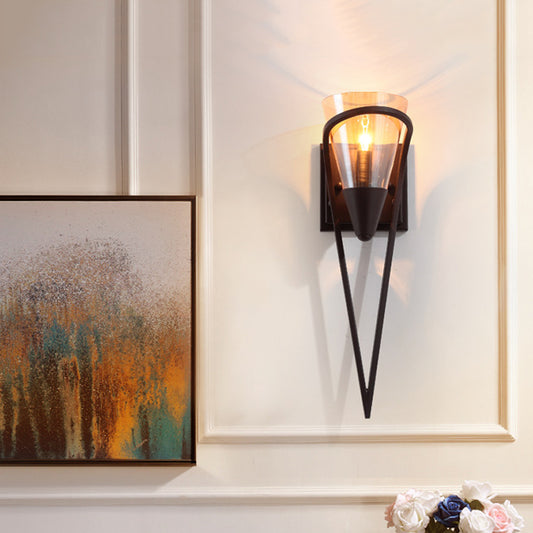 Funnel Amber Glass Sconce Light Fixture Farmhouse 1 Light Living Room Wall Mounted Lamp in Black Clearhalo 'Wall Lamps & Sconces' 'Wall Lights' Lighting' 256690