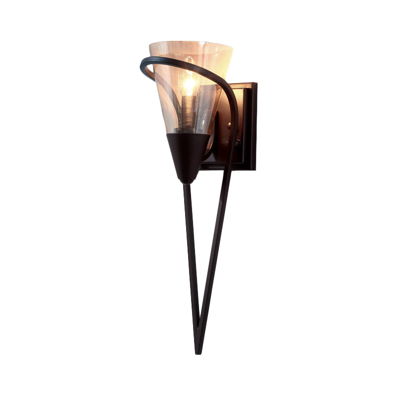 Funnel Amber Glass Sconce Light Fixture Farmhouse 1 Light Living Room Wall Mounted Lamp in Black Clearhalo 'Wall Lamps & Sconces' 'Wall Lights' Lighting' 256691