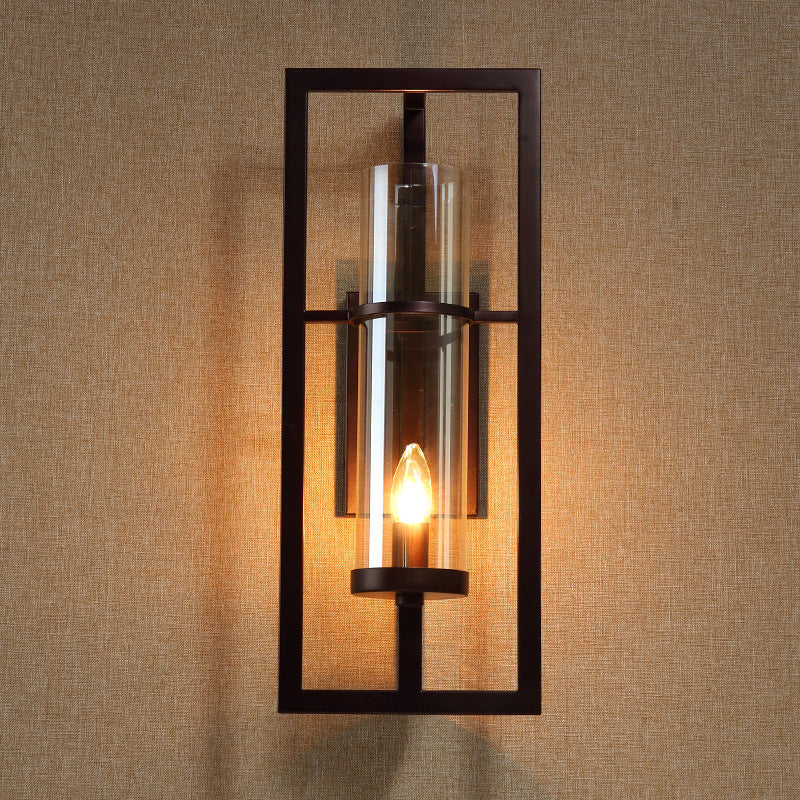 Amber Glass Black Sconce Light Fixture Tube 1-Light Farmhouse Wall Mounted Lighting for Corridor with Metal Frame Clearhalo 'Wall Lamps & Sconces' 'Wall Lights' Lighting' 256693