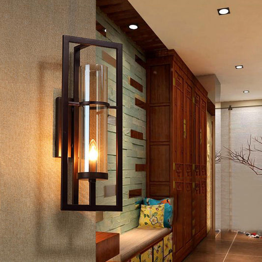 Amber Glass Black Sconce Light Fixture Tube 1-Light Farmhouse Wall Mounted Lighting for Corridor with Metal Frame Clearhalo 'Wall Lamps & Sconces' 'Wall Lights' Lighting' 256694