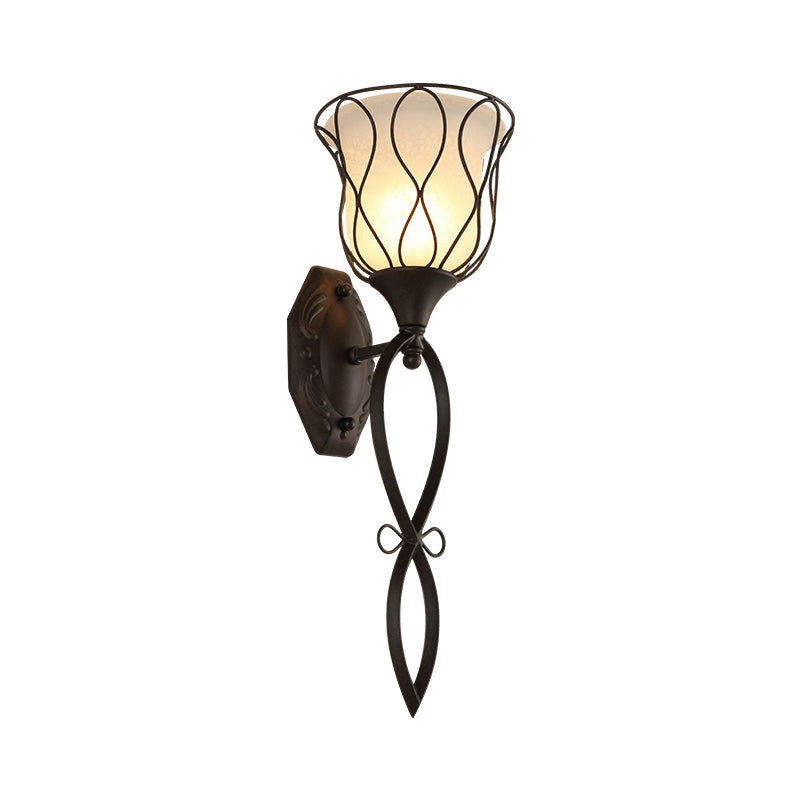 1 Light Metal Wall Lamp Rustic Black Bell Corridor Sconce Light Fixture with Opal Glass Shade Clearhalo 'Wall Lamps & Sconces' 'Wall Lights' Lighting' 256699