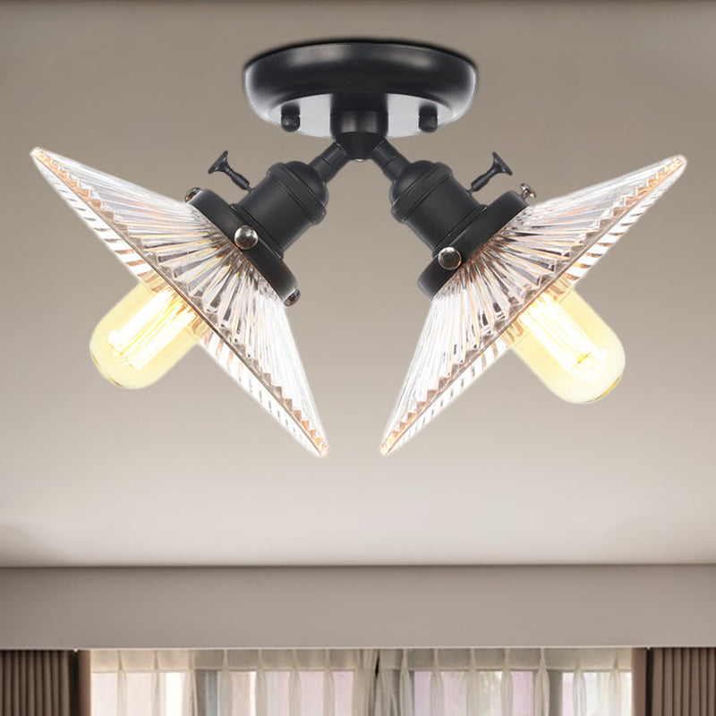 Industrial Flared Shade Ceiling Mounted Light Clear Ribbed Glass 2 Heads Restaurant Semi Mount Light in Black/Brass Clearhalo 'Ceiling Lights' 'Close To Ceiling Lights' 'Close to ceiling' 'Semi-flushmount' Lighting' 256704