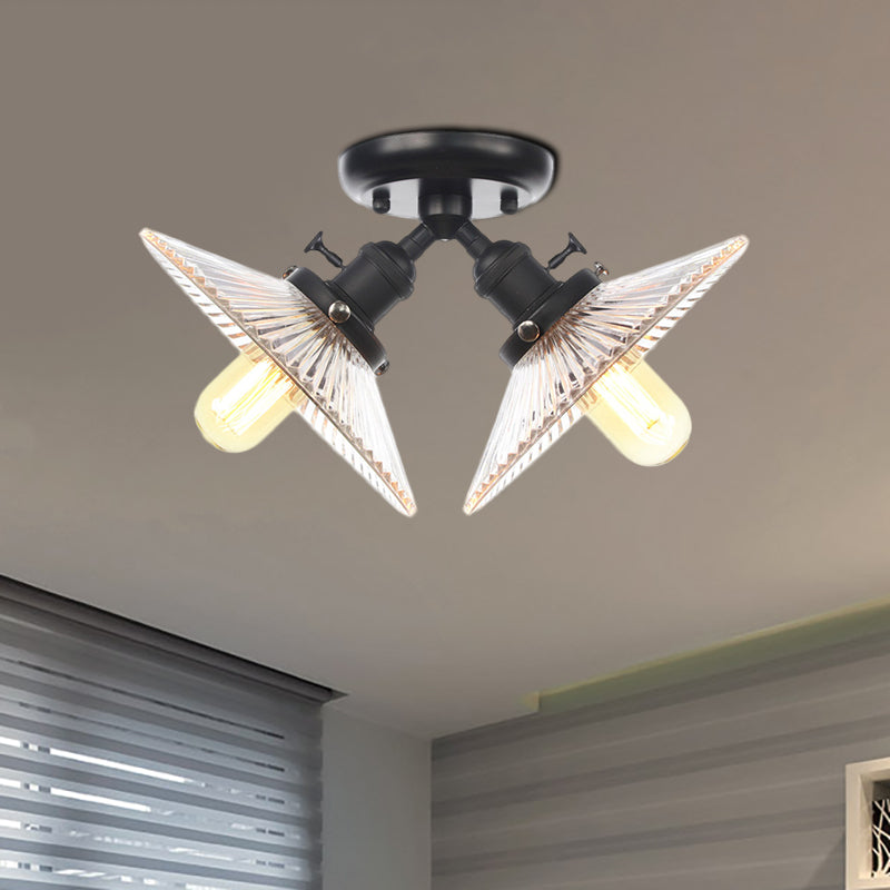 Industrial Flared Shade Ceiling Mounted Light Clear Ribbed Glass 2 Heads Restaurant Semi Mount Light in Black/Brass Black Clearhalo 'Ceiling Lights' 'Close To Ceiling Lights' 'Close to ceiling' 'Semi-flushmount' Lighting' 256705