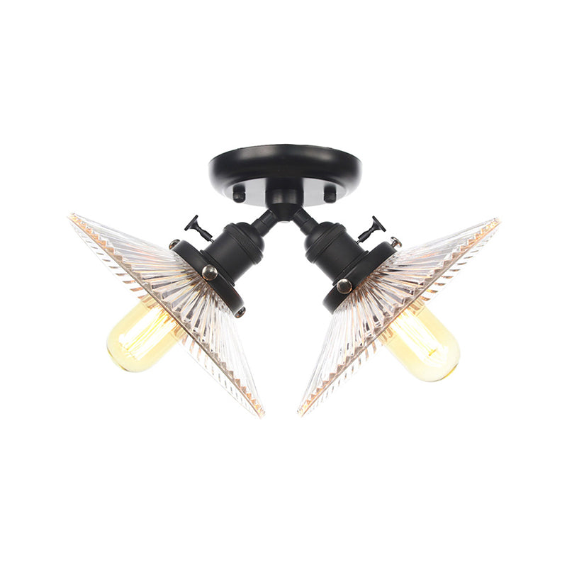 Industrial Flared Shade Ceiling Mounted Light Clear Ribbed Glass 2 Heads Restaurant Semi Mount Light in Black/Brass Clearhalo 'Ceiling Lights' 'Close To Ceiling Lights' 'Close to ceiling' 'Semi-flushmount' Lighting' 256706