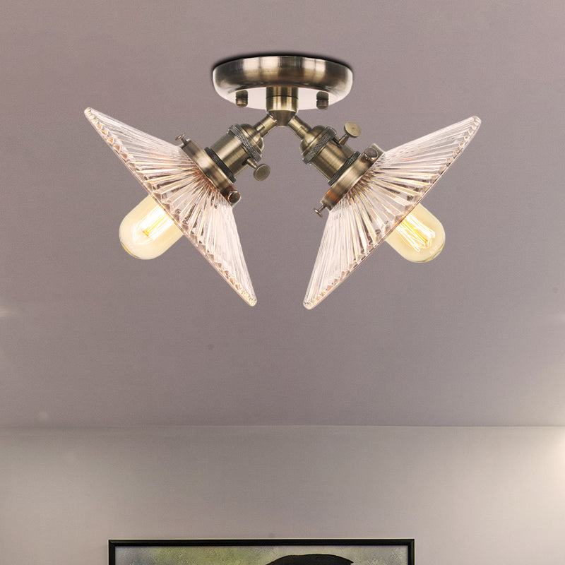 Industrial Flared Shade Ceiling Mounted Light Clear Ribbed Glass 2 Heads Restaurant Semi Mount Light in Black/Brass Clearhalo 'Ceiling Lights' 'Close To Ceiling Lights' 'Close to ceiling' 'Semi-flushmount' Lighting' 256708