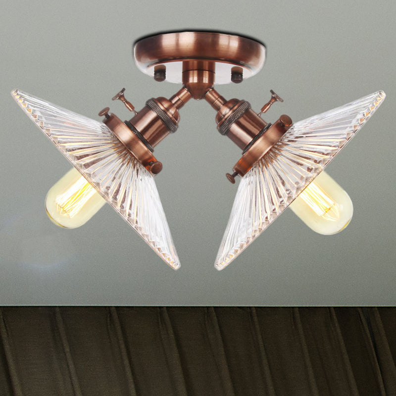 Industrial Flared Shade Ceiling Mounted Light Clear Ribbed Glass 2 Heads Restaurant Semi Mount Light in Black/Brass Copper Clearhalo 'Ceiling Lights' 'Close To Ceiling Lights' 'Close to ceiling' 'Semi-flushmount' Lighting' 256713