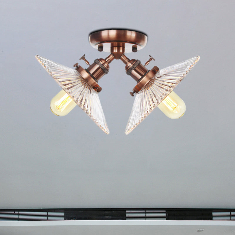 Industrial Flared Shade Ceiling Mounted Light Clear Ribbed Glass 2 Heads Restaurant Semi Mount Light in Black/Brass Clearhalo 'Ceiling Lights' 'Close To Ceiling Lights' 'Close to ceiling' 'Semi-flushmount' Lighting' 256714