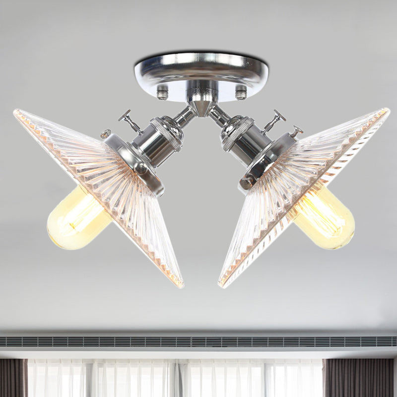 Industrial Flared Shade Ceiling Mounted Light Clear Ribbed Glass 2 Heads Restaurant Semi Mount Light in Black/Brass Chrome Clearhalo 'Ceiling Lights' 'Close To Ceiling Lights' 'Close to ceiling' 'Semi-flushmount' Lighting' 256716