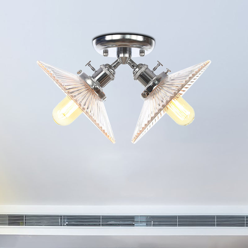 Industrial Flared Shade Ceiling Mounted Light Clear Ribbed Glass 2 Heads Restaurant Semi Mount Light in Black/Brass Clearhalo 'Ceiling Lights' 'Close To Ceiling Lights' 'Close to ceiling' 'Semi-flushmount' Lighting' 256717