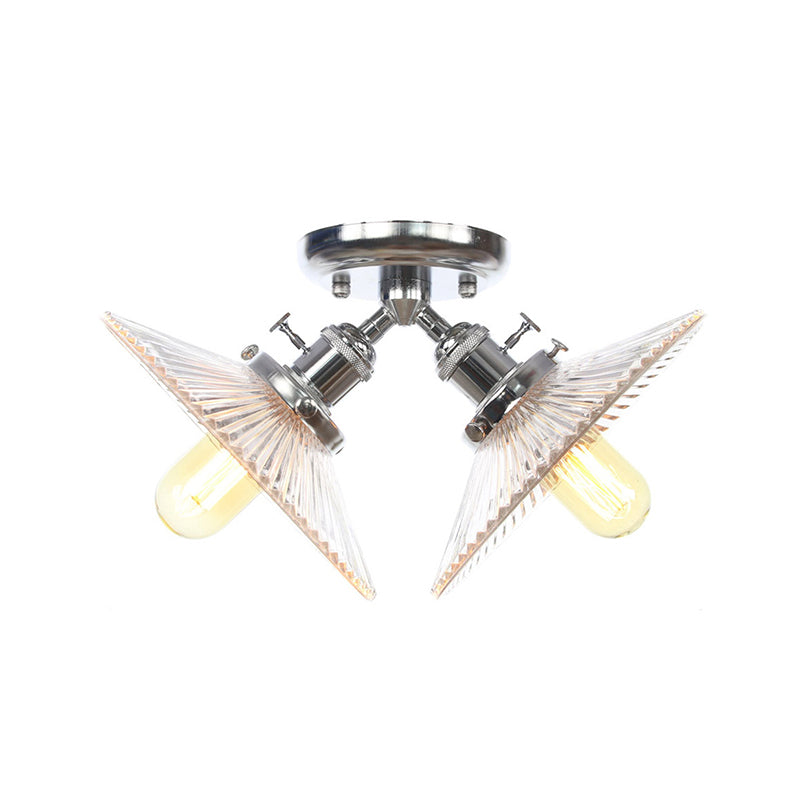 Industrial Flared Shade Ceiling Mounted Light Clear Ribbed Glass 2 Heads Restaurant Semi Mount Light in Black/Brass Clearhalo 'Ceiling Lights' 'Close To Ceiling Lights' 'Close to ceiling' 'Semi-flushmount' Lighting' 256718