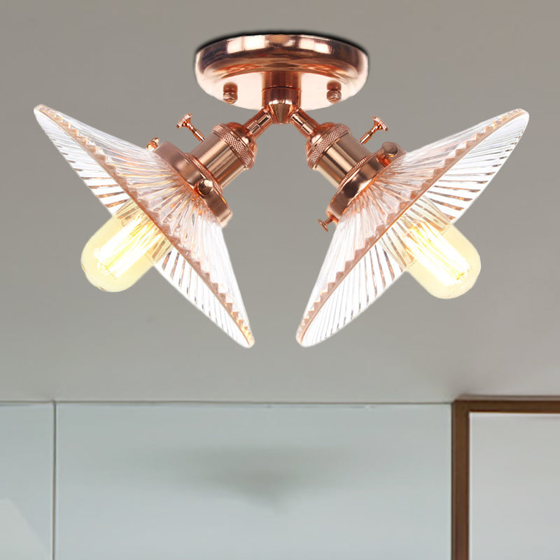 Industrial Flared Shade Ceiling Mounted Light Clear Ribbed Glass 2 Heads Restaurant Semi Mount Light in Black/Brass Rose Gold Clearhalo 'Ceiling Lights' 'Close To Ceiling Lights' 'Close to ceiling' 'Semi-flushmount' Lighting' 256719