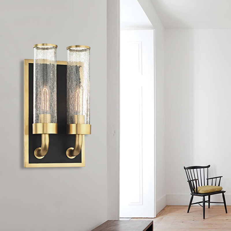 Metal Tube Wall Lighting Vintage 1/2 Lights Dining Room Sconce Light Fixture in Brass with Clear Crackle Glass Shade 2.0 Clear Clearhalo 'Wall Lamps & Sconces' 'Wall Lights' Lighting' 256729