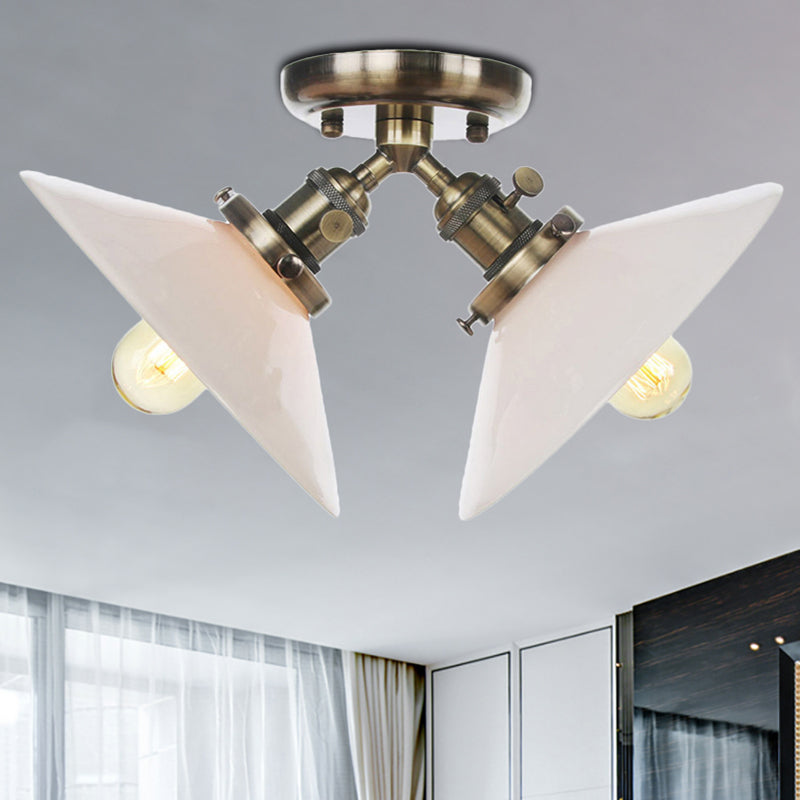 Warehouse Style Flared Semi Mount Lighting Iron 2 Bulbs Indoor Semi Flush Ceiling Light in Black/Bronze Clearhalo 'Ceiling Lights' 'Close To Ceiling Lights' 'Close to ceiling' 'Semi-flushmount' Lighting' 256735