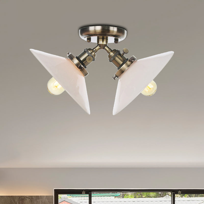 Warehouse Style Flared Semi Mount Lighting Iron 2 Bulbs Indoor Semi Flush Ceiling Light in Black/Bronze Clearhalo 'Ceiling Lights' 'Close To Ceiling Lights' 'Close to ceiling' 'Semi-flushmount' Lighting' 256736