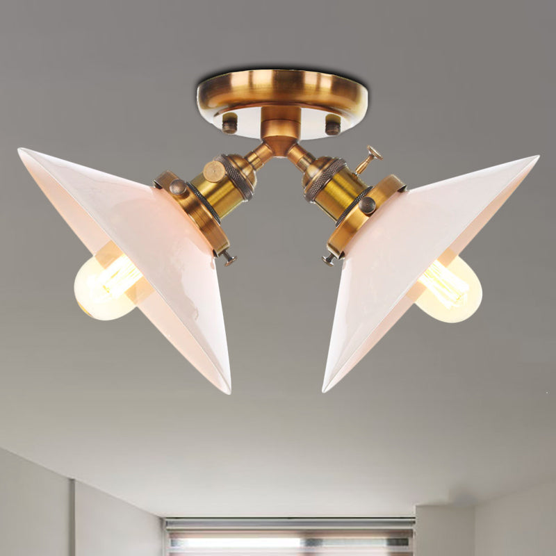 Warehouse Style Flared Semi Mount Lighting Iron 2 Bulbs Indoor Semi Flush Ceiling Light in Black/Bronze Clearhalo 'Ceiling Lights' 'Close To Ceiling Lights' 'Close to ceiling' 'Semi-flushmount' Lighting' 256738