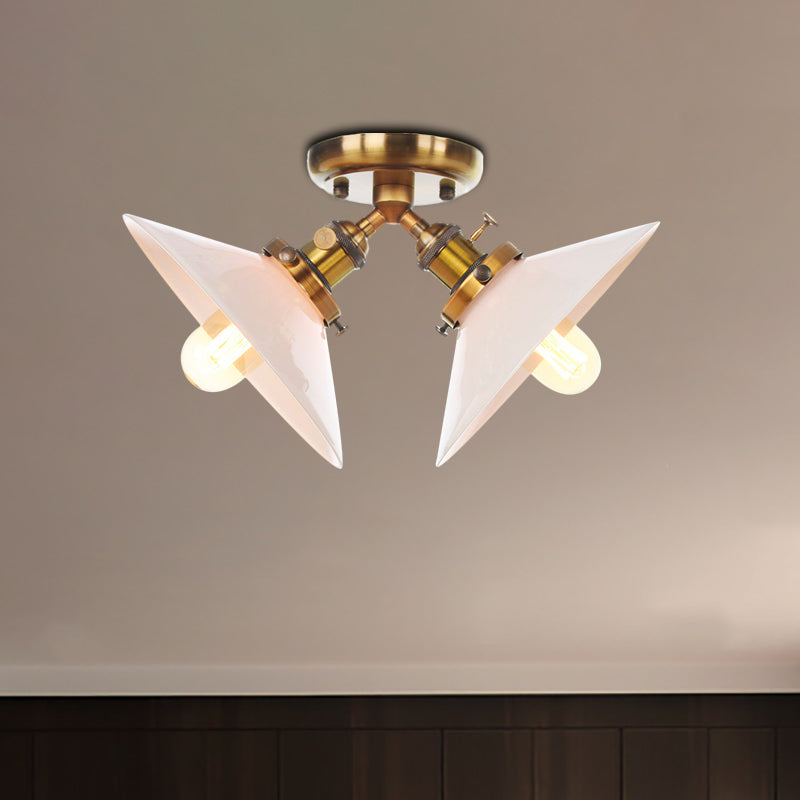 Warehouse Style Flared Semi Mount Lighting Iron 2 Bulbs Indoor Semi Flush Ceiling Light in Black/Bronze Clearhalo 'Ceiling Lights' 'Close To Ceiling Lights' 'Close to ceiling' 'Semi-flushmount' Lighting' 256739