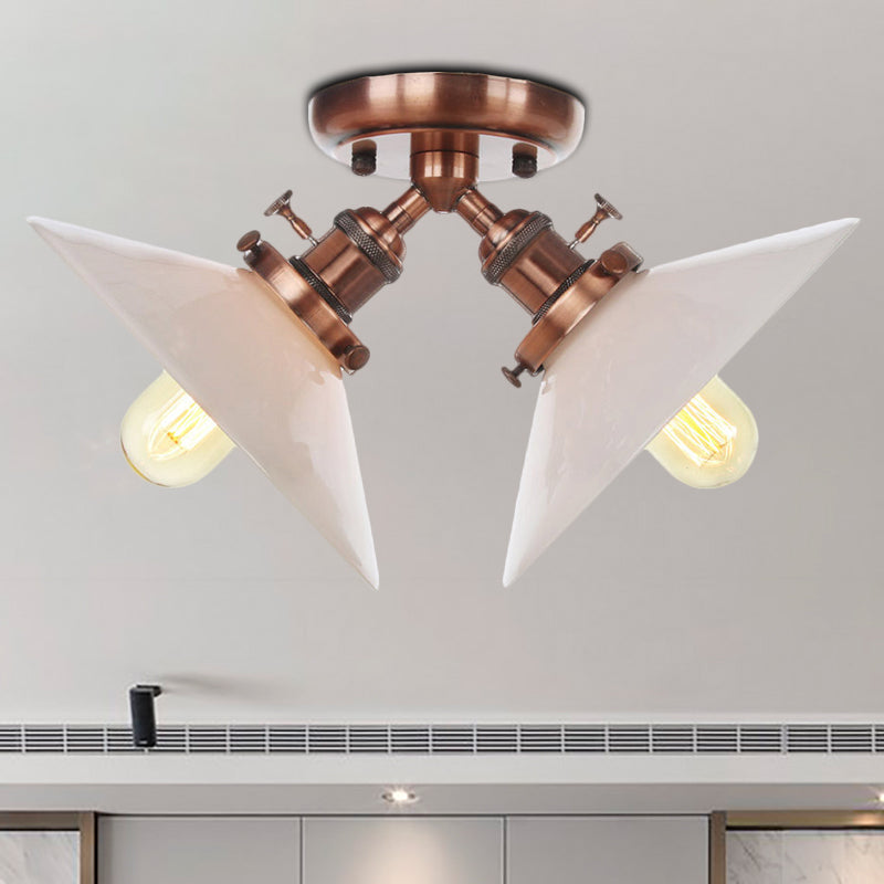 Warehouse Style Flared Semi Mount Lighting Iron 2 Bulbs Indoor Semi Flush Ceiling Light in Black/Bronze Clearhalo 'Ceiling Lights' 'Close To Ceiling Lights' 'Close to ceiling' 'Semi-flushmount' Lighting' 256741