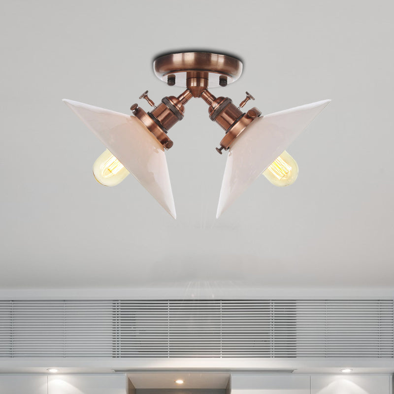 Warehouse Style Flared Semi Mount Lighting Iron 2 Bulbs Indoor Semi Flush Ceiling Light in Black/Bronze Clearhalo 'Ceiling Lights' 'Close To Ceiling Lights' 'Close to ceiling' 'Semi-flushmount' Lighting' 256742