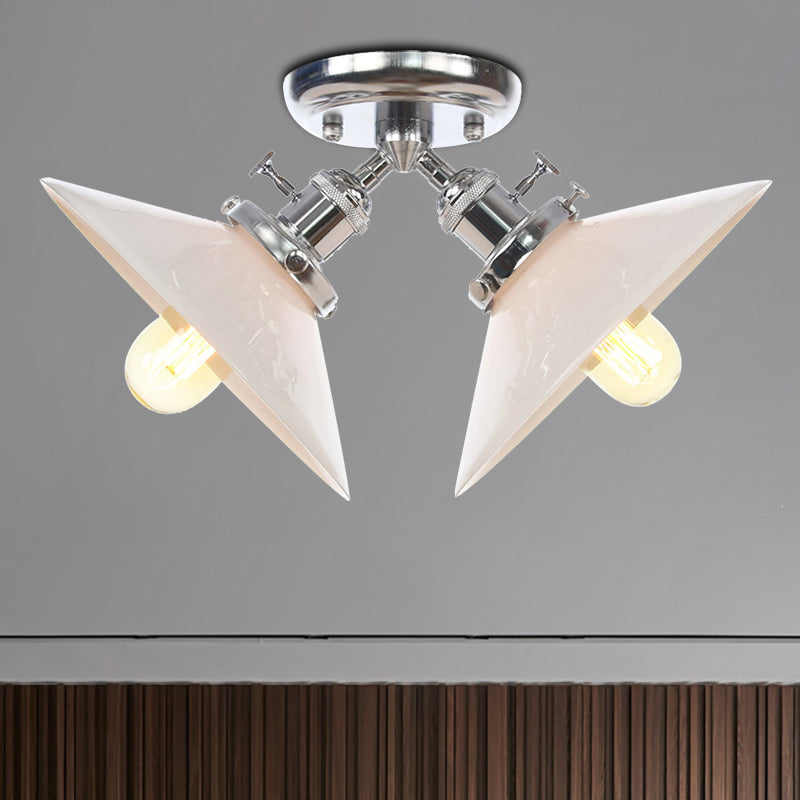 Warehouse Style Flared Semi Mount Lighting Iron 2 Bulbs Indoor Semi Flush Ceiling Light in Black/Bronze Clearhalo 'Ceiling Lights' 'Close To Ceiling Lights' 'Close to ceiling' 'Semi-flushmount' Lighting' 256744