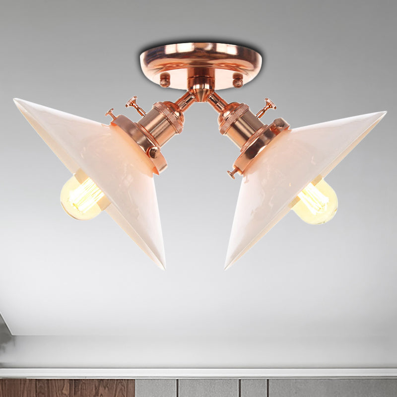 Warehouse Style Flared Semi Mount Lighting Iron 2 Bulbs Indoor Semi Flush Ceiling Light in Black/Bronze Clearhalo 'Ceiling Lights' 'Close To Ceiling Lights' 'Close to ceiling' 'Semi-flushmount' Lighting' 256747