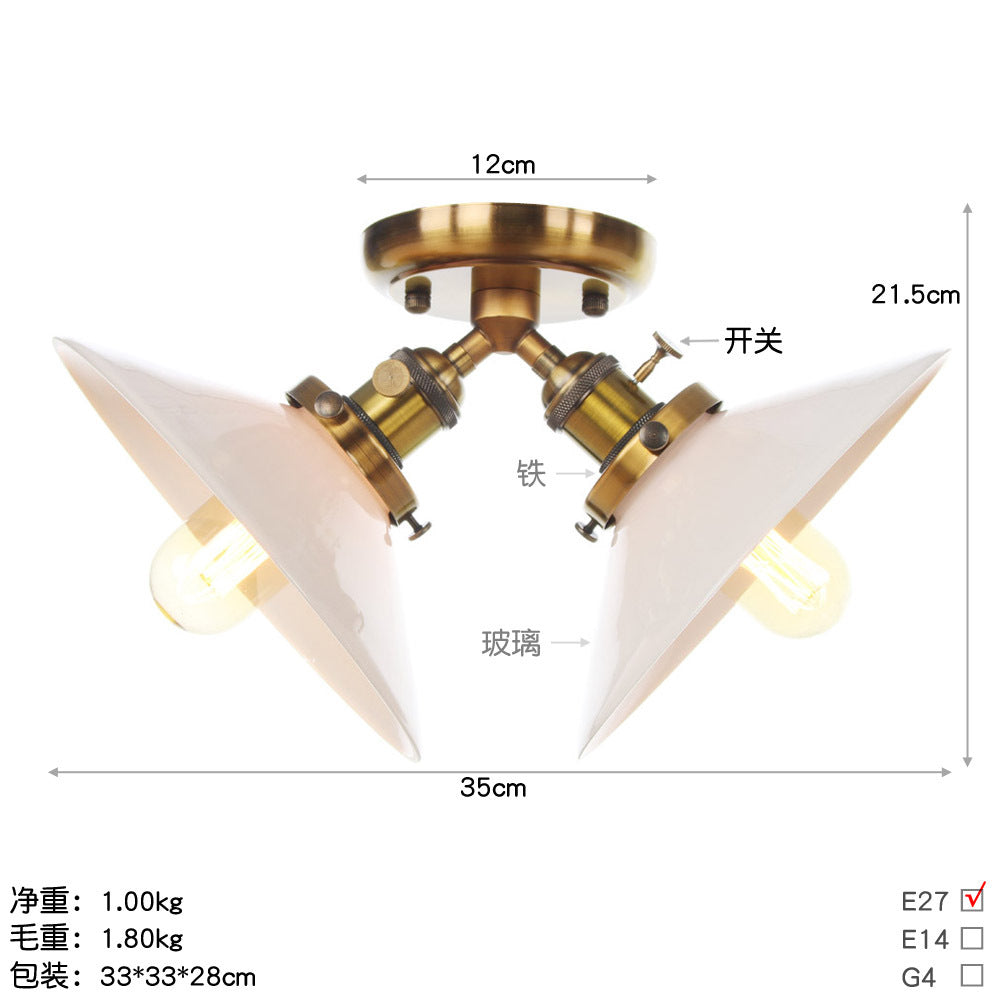 Warehouse Style Flared Semi Mount Lighting Iron 2 Bulbs Indoor Semi Flush Ceiling Light in Black/Bronze Brass Clearhalo 'Ceiling Lights' 'Close To Ceiling Lights' 'Close to ceiling' 'Semi-flushmount' Lighting' 256751