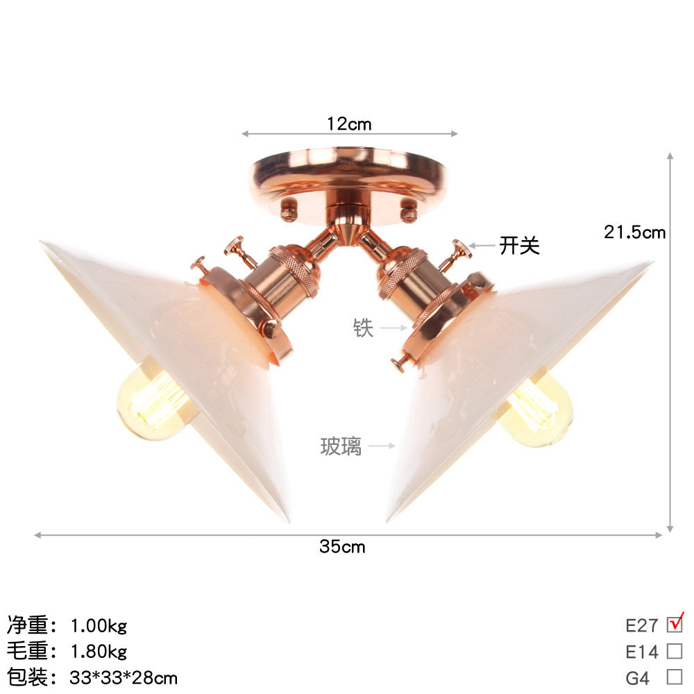 Warehouse Style Flared Semi Mount Lighting Iron 2 Bulbs Indoor Semi Flush Ceiling Light in Black/Bronze Rose Gold Clearhalo 'Ceiling Lights' 'Close To Ceiling Lights' 'Close to ceiling' 'Semi-flushmount' Lighting' 256754