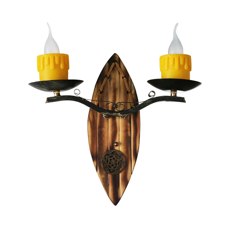 2 Lights Candle Wall Lamp Vintage Yellow Resin Sconce Light Fixture with Wood Backplate Clearhalo 'Wall Lamps & Sconces' 'Wall Lights' Lighting' 256757