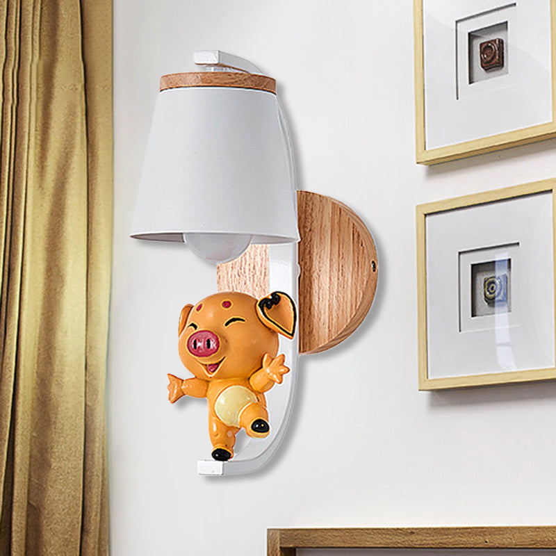 1 Light Bucket Wall Light with Dancing Piggy Modern Lovely Metal Wall Sconce in White for Kindergarten White Clearhalo 'Wall Lamps & Sconces' 'Wall Lights' Lighting' 256759