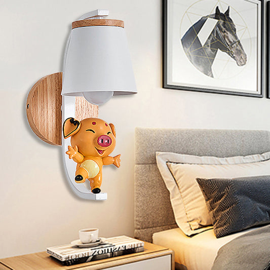 1 Light Bucket Wall Light with Dancing Piggy Modern Lovely Metal Wall Sconce in White for Kindergarten Clearhalo 'Wall Lamps & Sconces' 'Wall Lights' Lighting' 256760