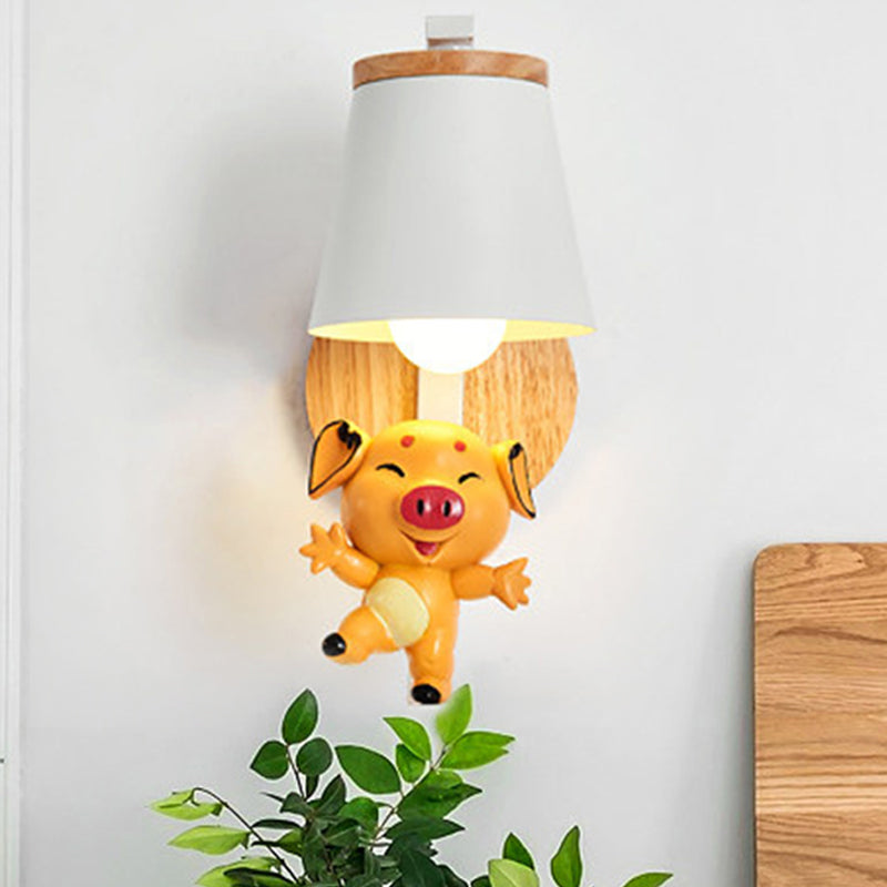 1 Light Bucket Wall Light with Dancing Piggy Modern Lovely Metal Wall Sconce in White for Kindergarten Clearhalo 'Wall Lamps & Sconces' 'Wall Lights' Lighting' 256761